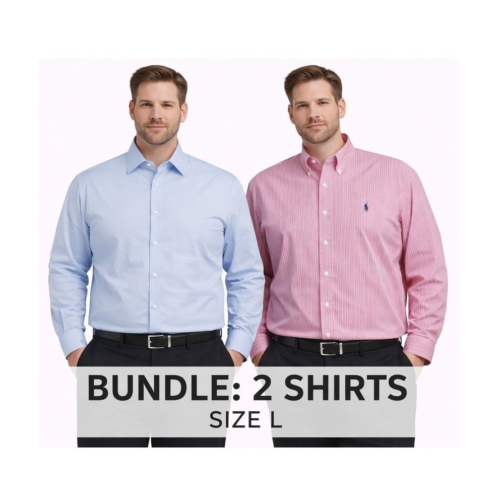 Ralph Lauren/Michael Strahan 2 Dress Shirts Large Pink Stripe/L Blue Fit 16.5